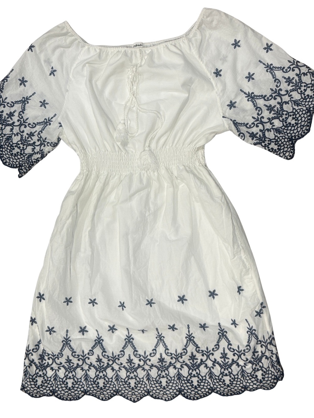 Kindred Anthropologie White Mini Dress with Navy Embroidered Accents Bell Sleeve